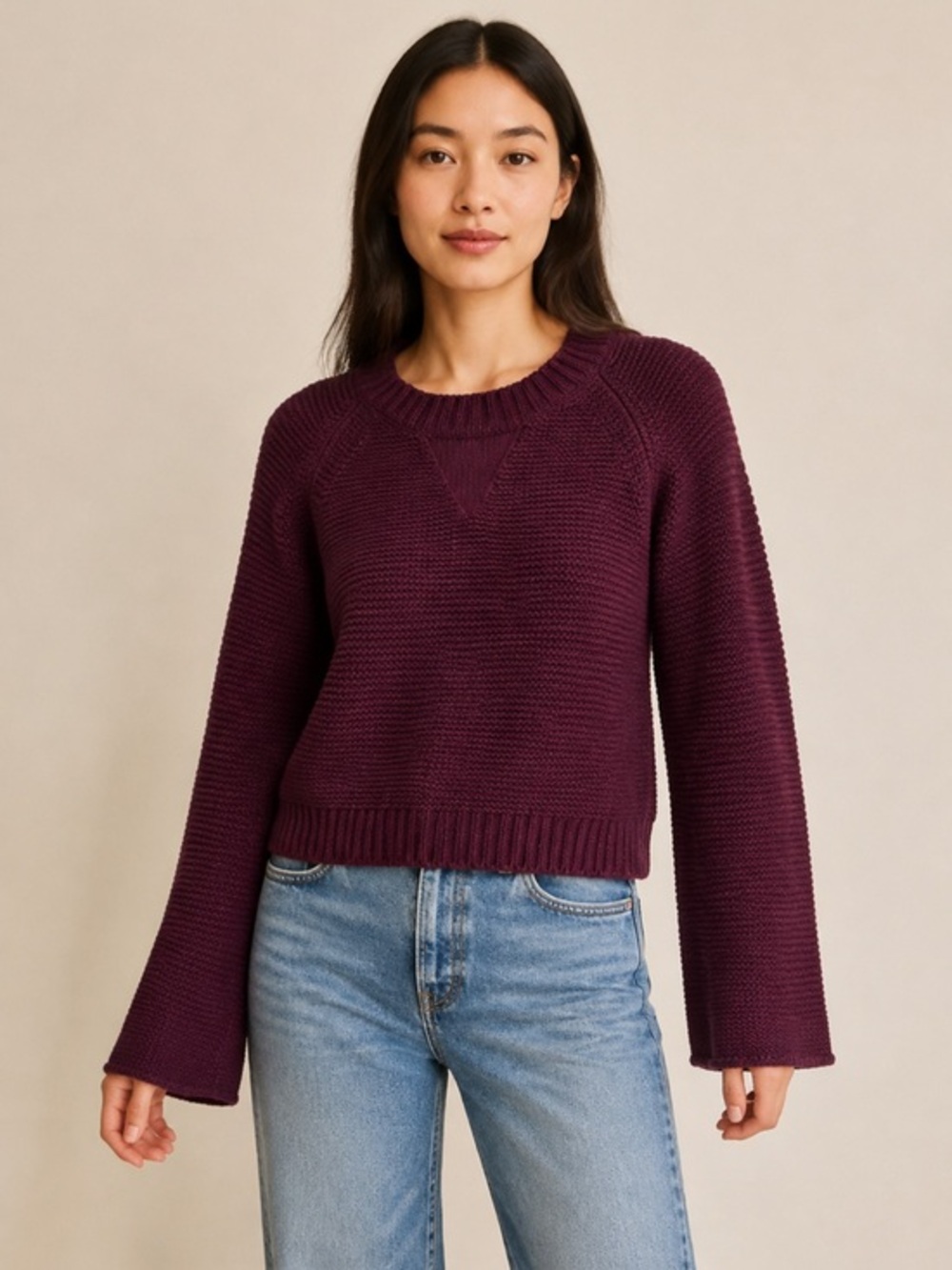 Madewell XXS Burgundy Alpaca Blend Notch Neck Bell Sleeve Sweater